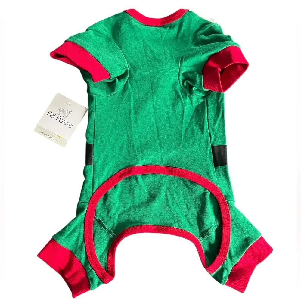 Pet Posse Elf bodysuit/pajamas with White Collar Candy Cane Buttons Medium